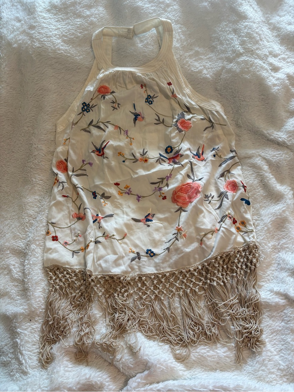 Anthropologie Ivory Embroidered Halter top with Fringe